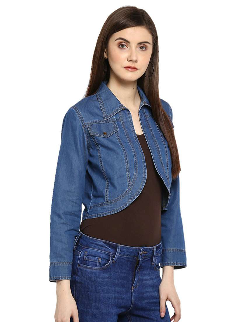 blue solid long sleeves denim crop shrug - 19371646 -  Standard Image - 2