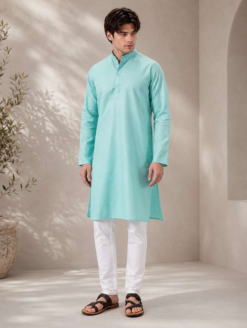 men mandarin neck solid kurta pyjama set 