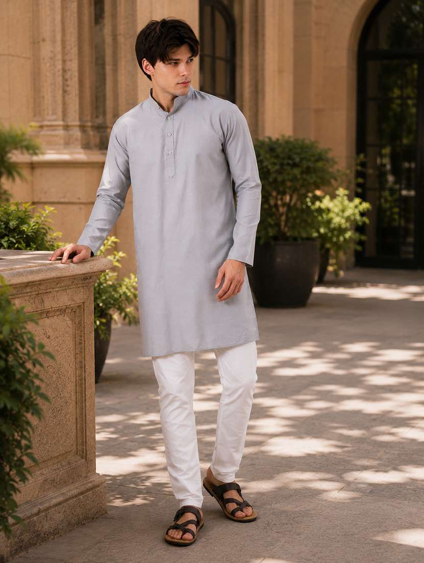 grey mandarin neck solid kurta pyjama set