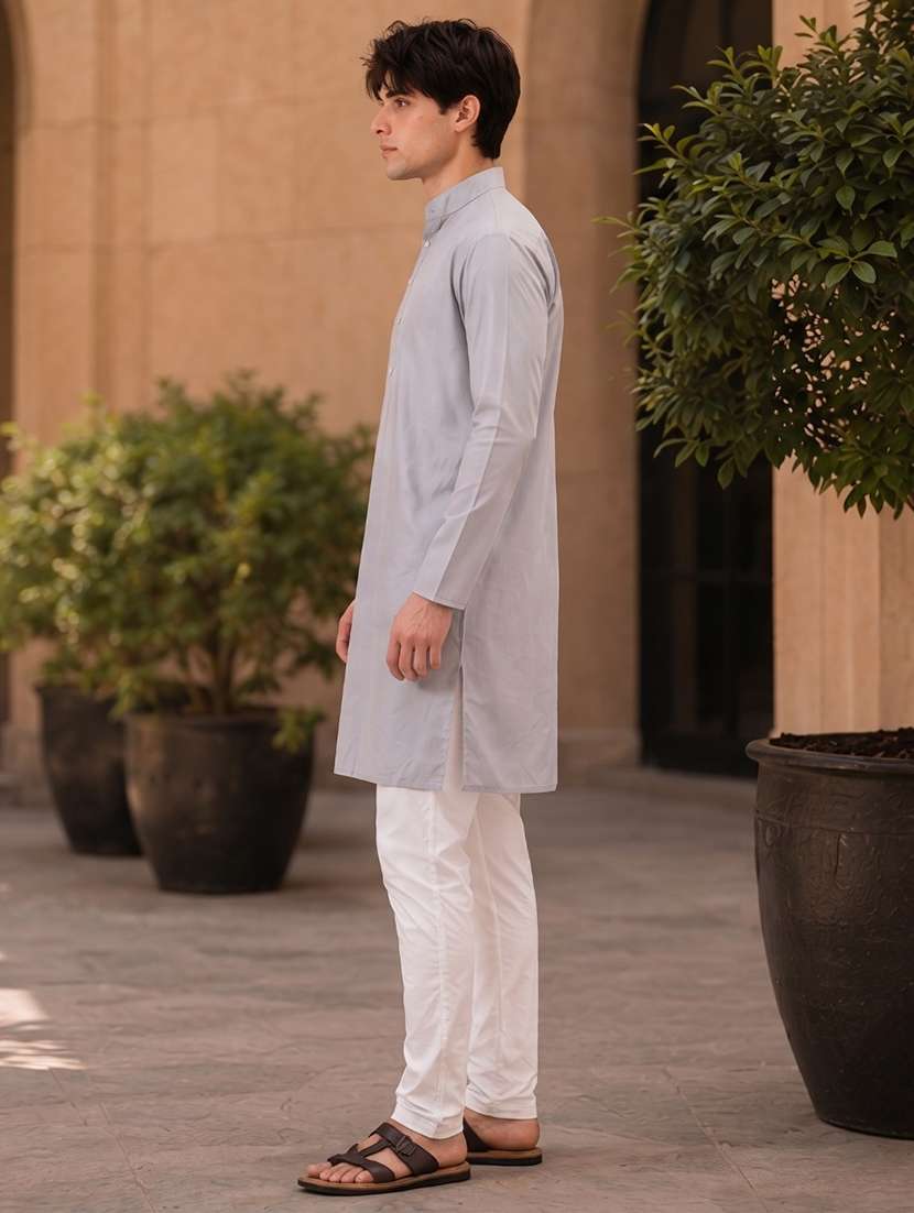 grey mandarin neck solid kurta pyjama set - 19382622 -  Standard Image - 2