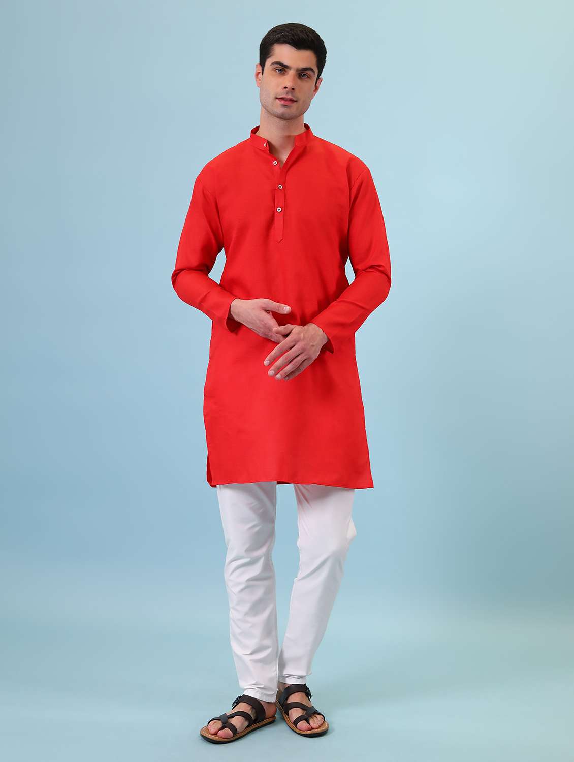 mandarin neck solid kurta pyjama set