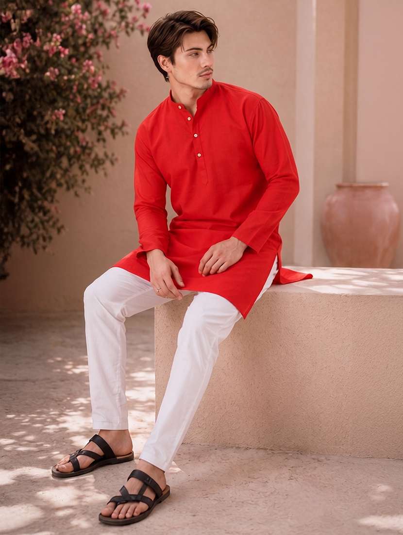 mandarin neck solid kurta pyjama set