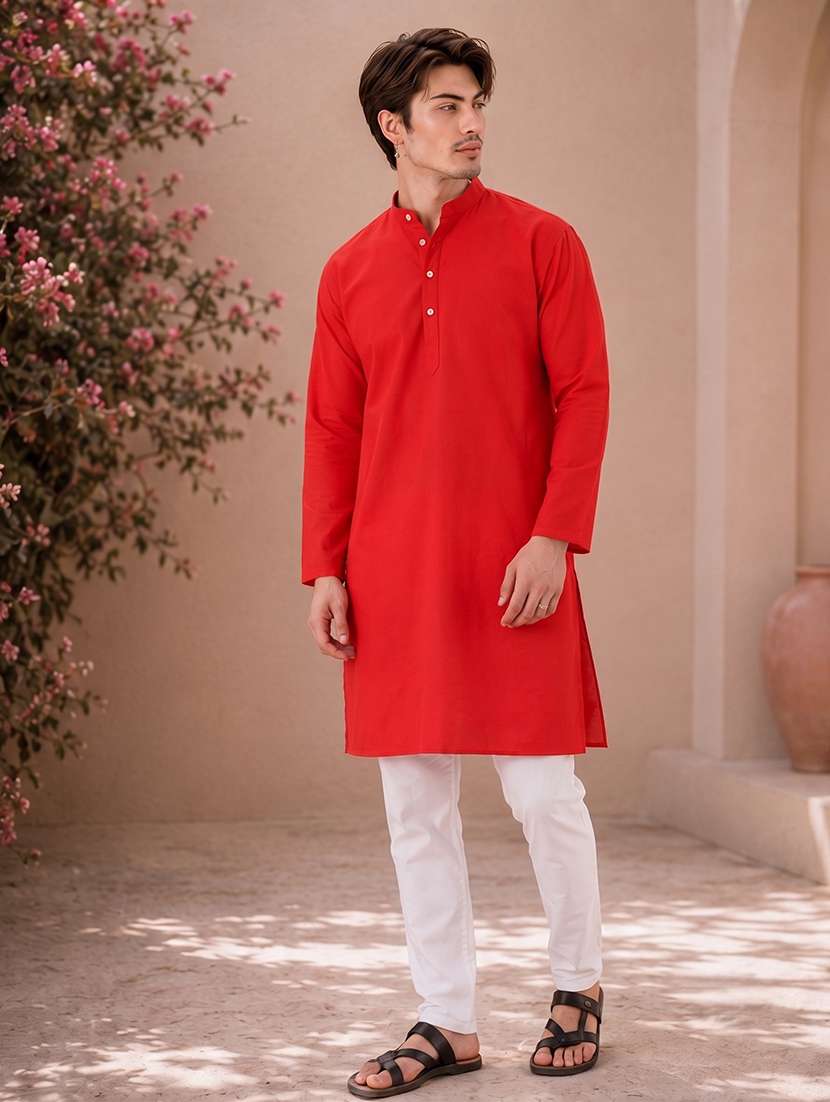 mandarin neck solid kurta pyjama set - 19382629 -  Standard Image - 2