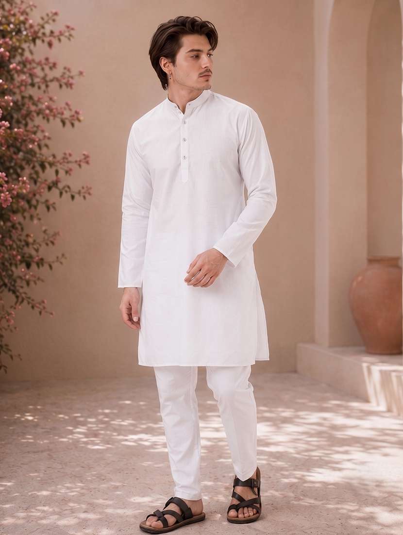 white mandarin neck solid kurta pyjama set - 19382631 -  Standard Image - 2