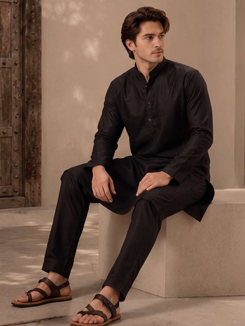 men mandarin neck solid kurta pyjama set 