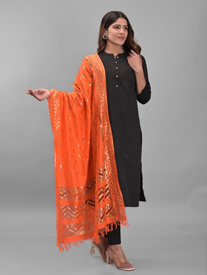 orange foil printed dupatta with fringes - 19391089 - Zoom Image - 0