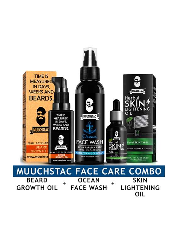 muuchstac beard growth oil (60 ml), skin lightening oil (30 ml) with ocean face wash (100 ml)