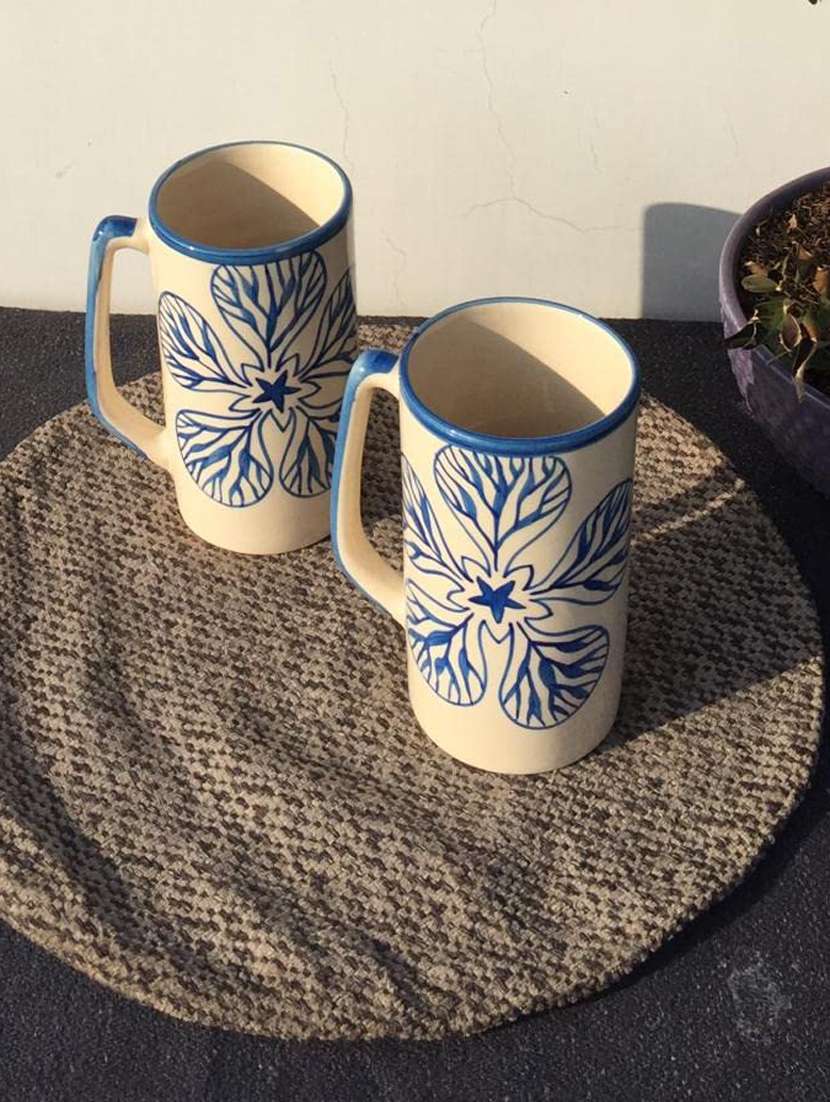 caffeine handmade ceramic cream and blue flora milk mug (set of 2)
