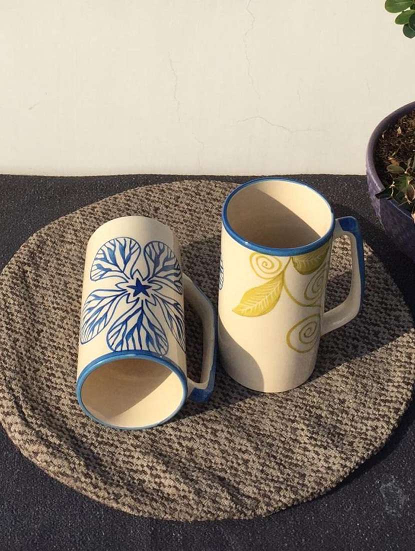 caffeine handmade ceramic cream and blue flora milk mug (set of 2) - 19408654 -  Standard Image - 2