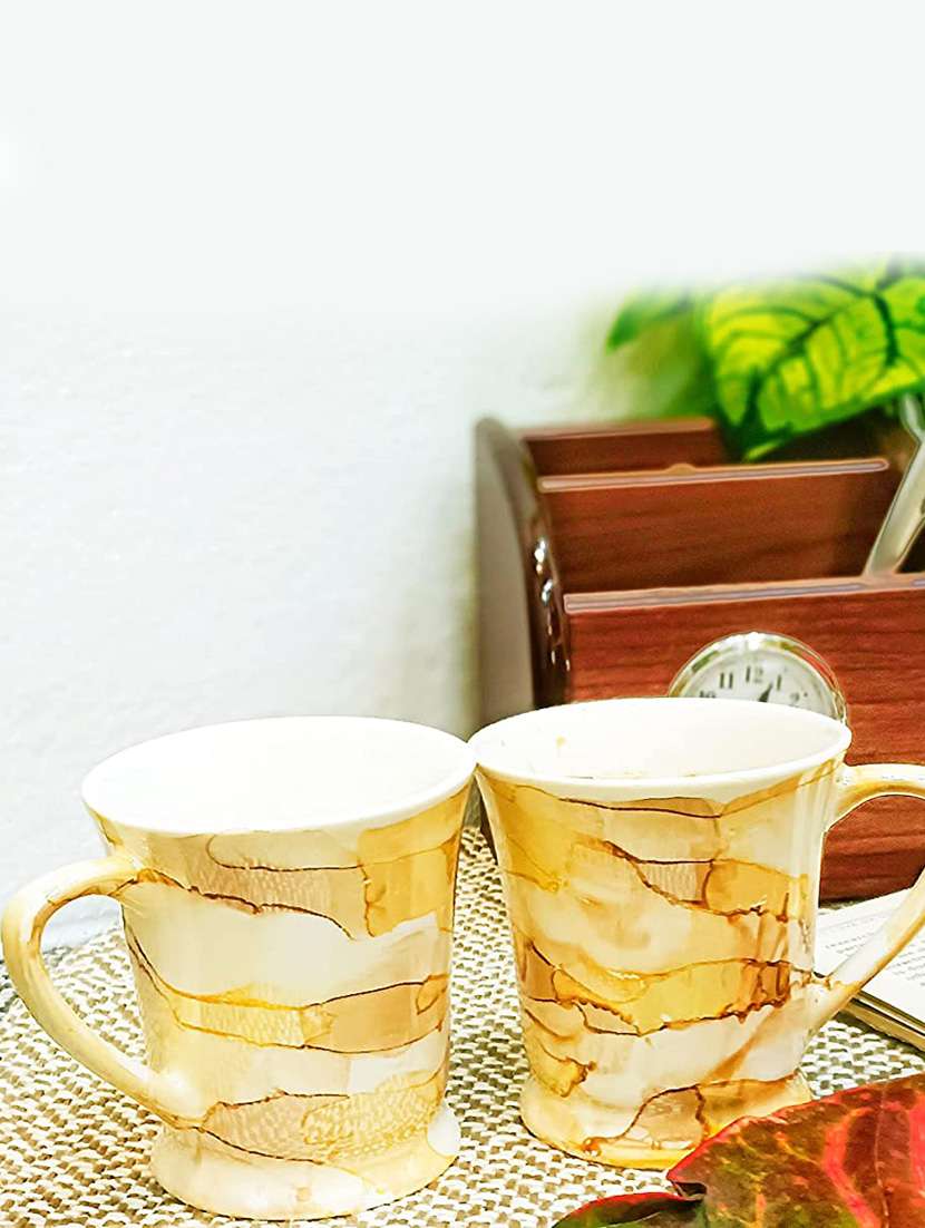 caffeine ceramic handmade yellow & gold glossy tea cup set (set of 6) - 19408750 -  Standard Image - 2