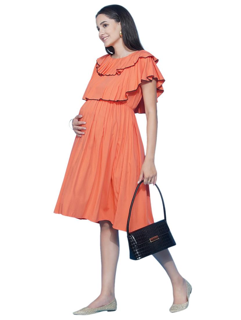 orange ruffled neck maternity dress - 19409309 - Standard Image - 2
