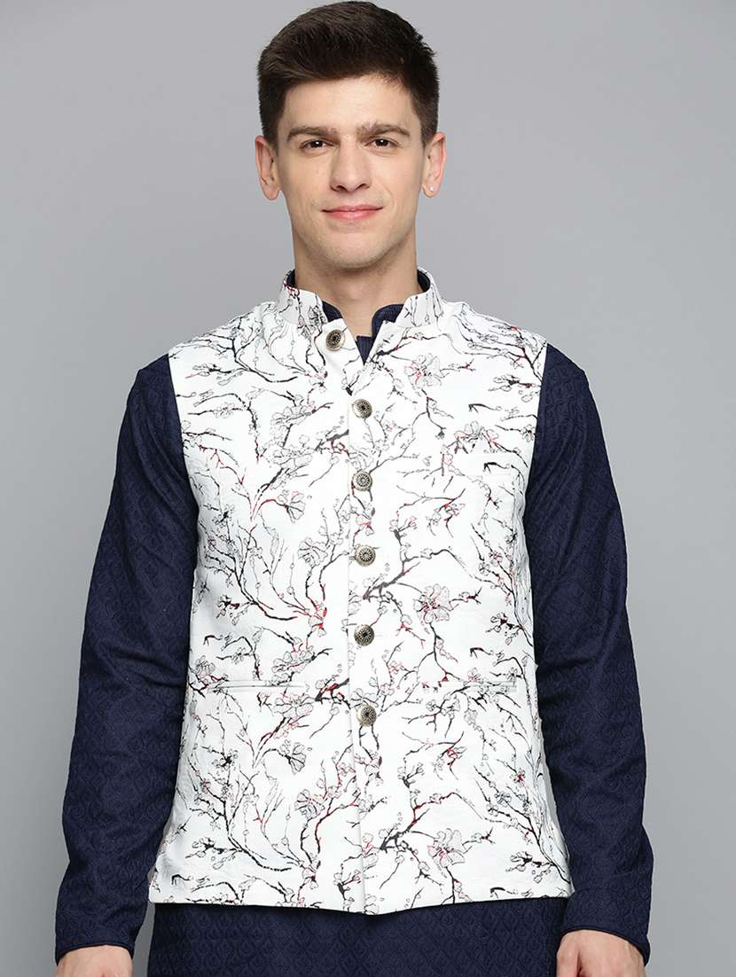 mandarin collar printed nehru jacket