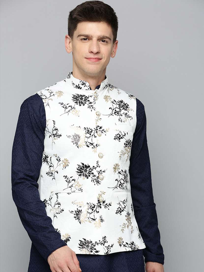 mandarin collar printed nehru jacket