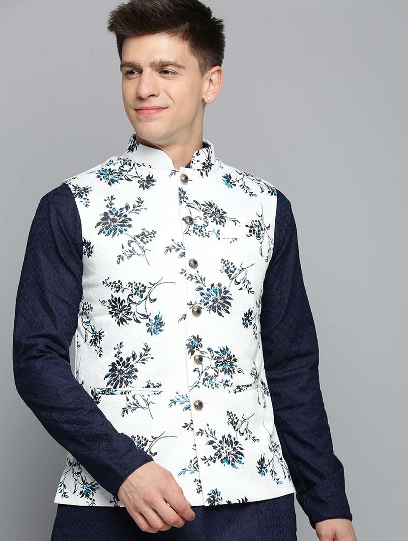 mandarin collar printed nehru jacket