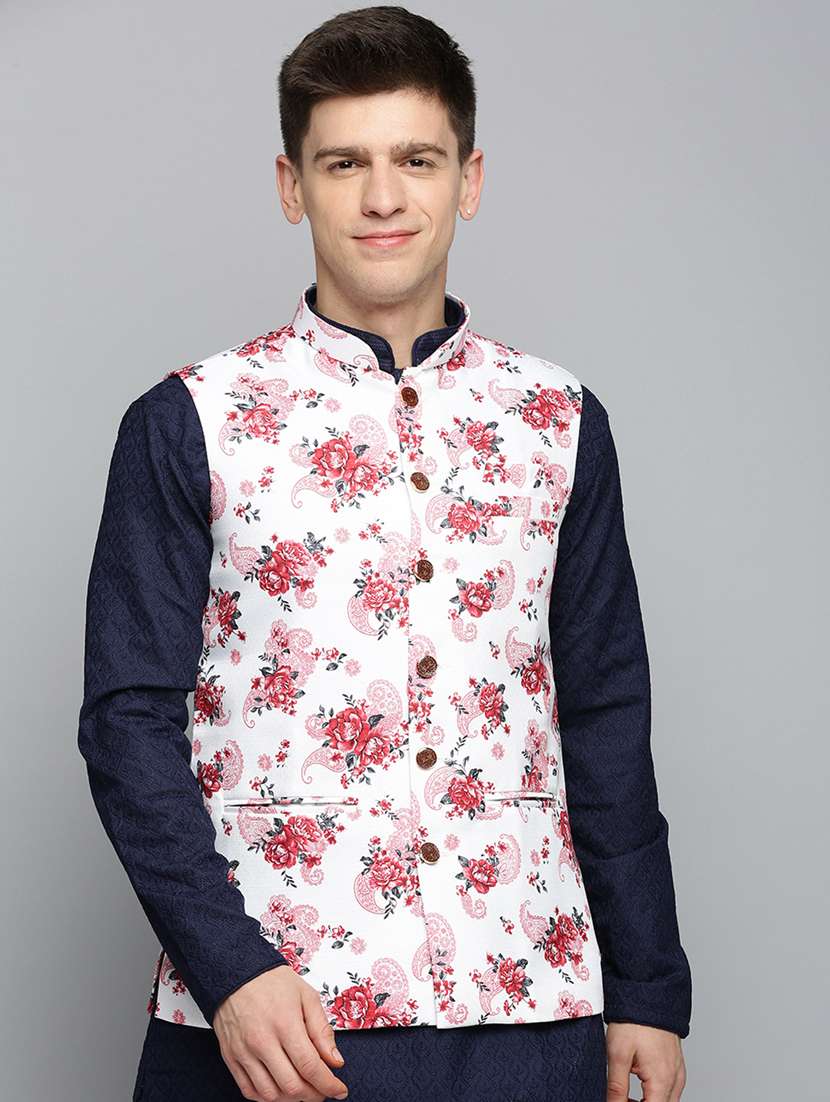 mandarin collar printed nehru jacket