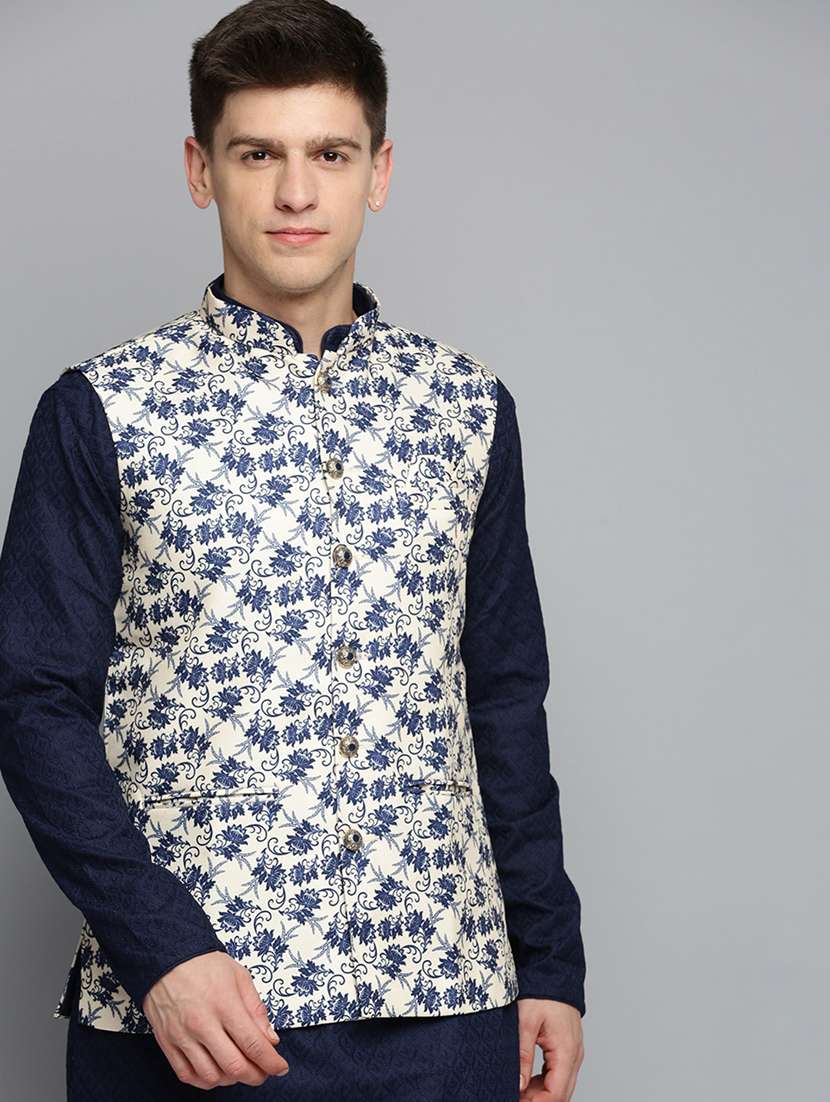 mandarin collar printed nehru jacket