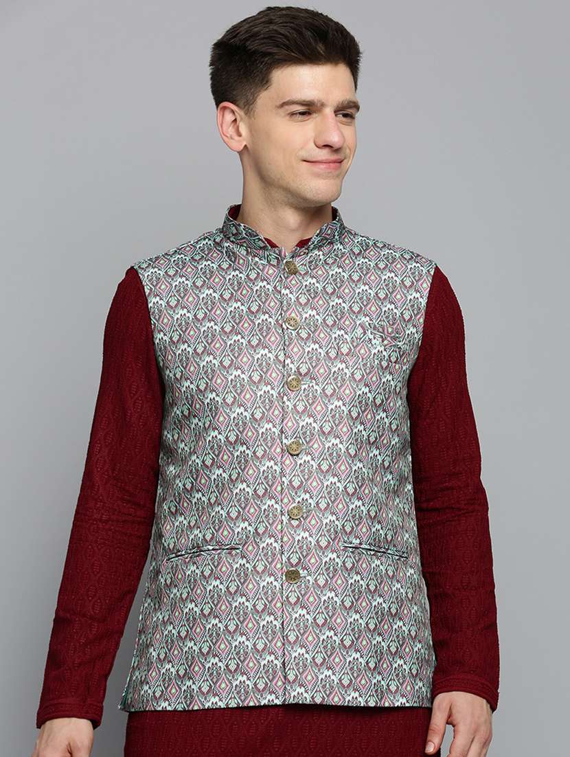 mandarin collar printed nehru jacket