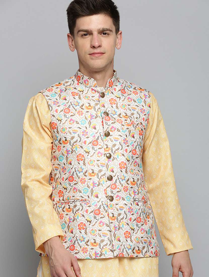 mandarin collar printed nehru jacket