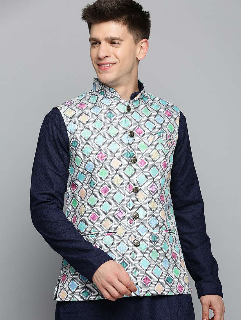mandarin collar printed nehru jacket