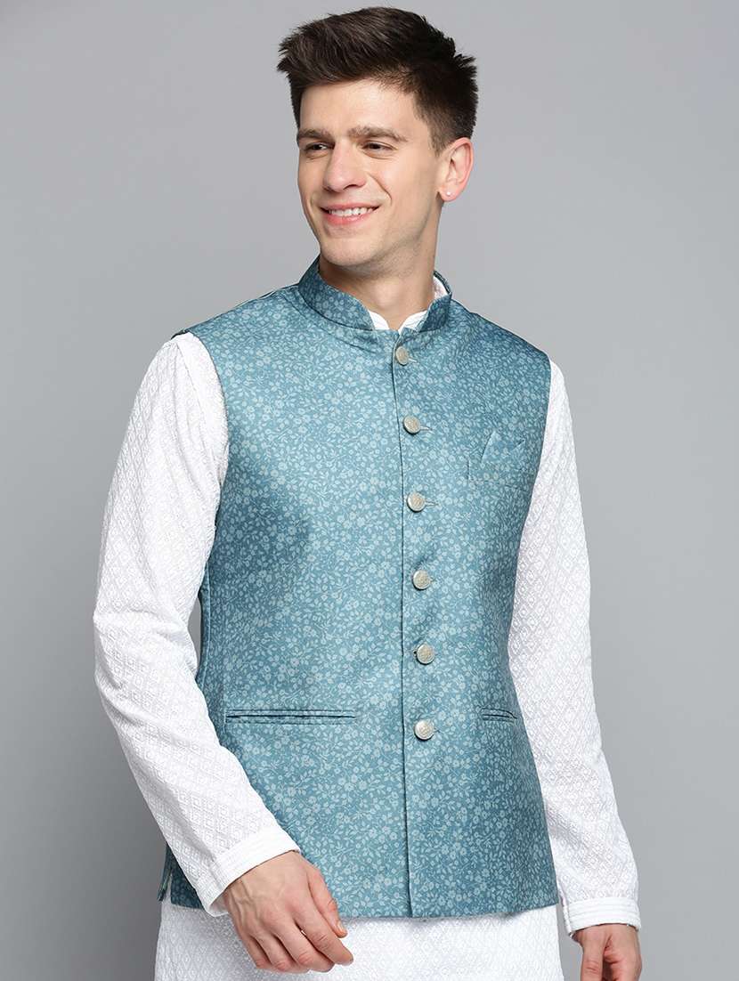 mandarin collar printed nehru jacket