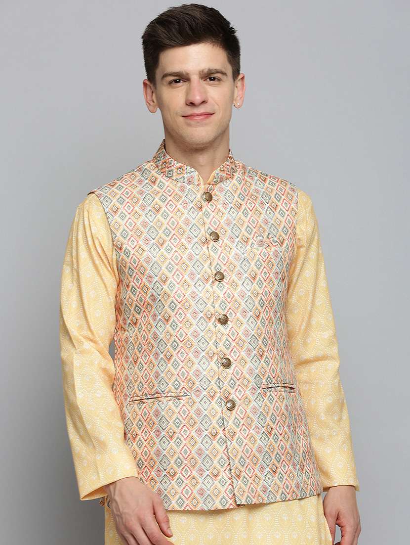 mandarin collar printed nehru jacket