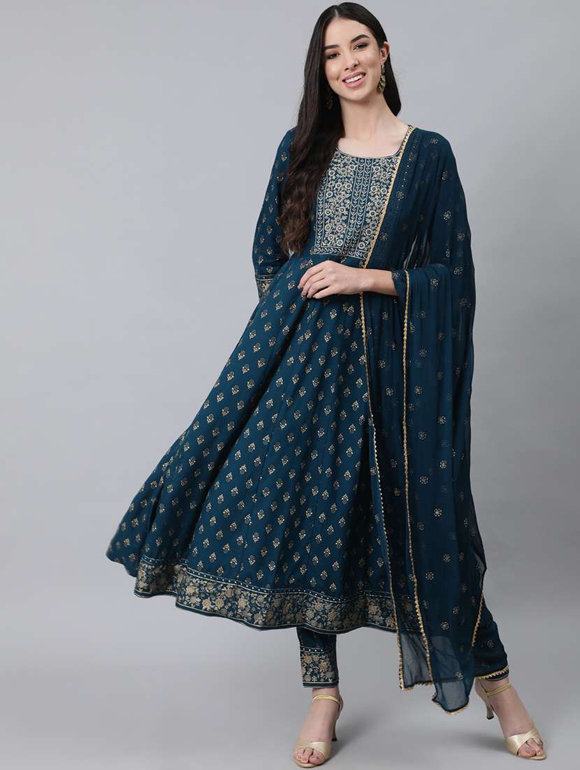 women three quarter sleeve anarkali kurta pant with dupatta set
