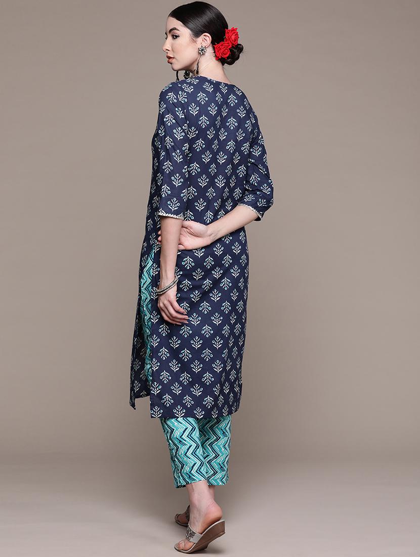 women navy blue round neck kurta pant set - 19412578 - Standard Image - 2