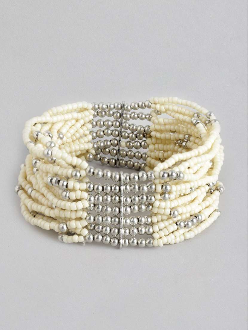 women off white & silver-toned cuff bracelet