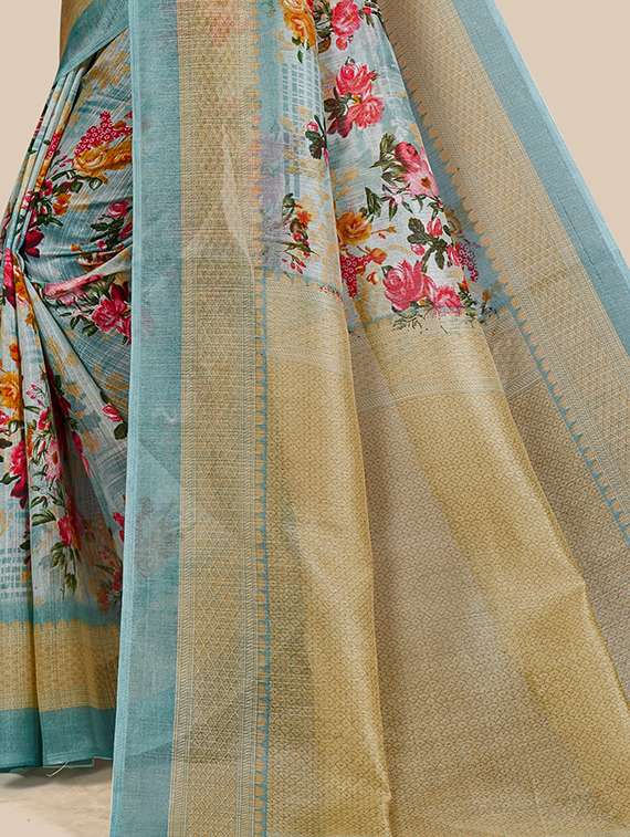 turquoise florlal saree with blouse - 19413516 -  Standard Image - 2