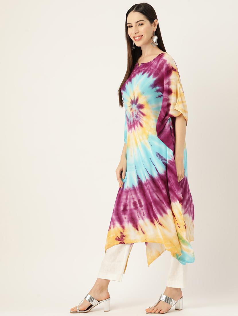 women tie and dye notch neck kaftan kurta - 19414226 - Standard Image - 2