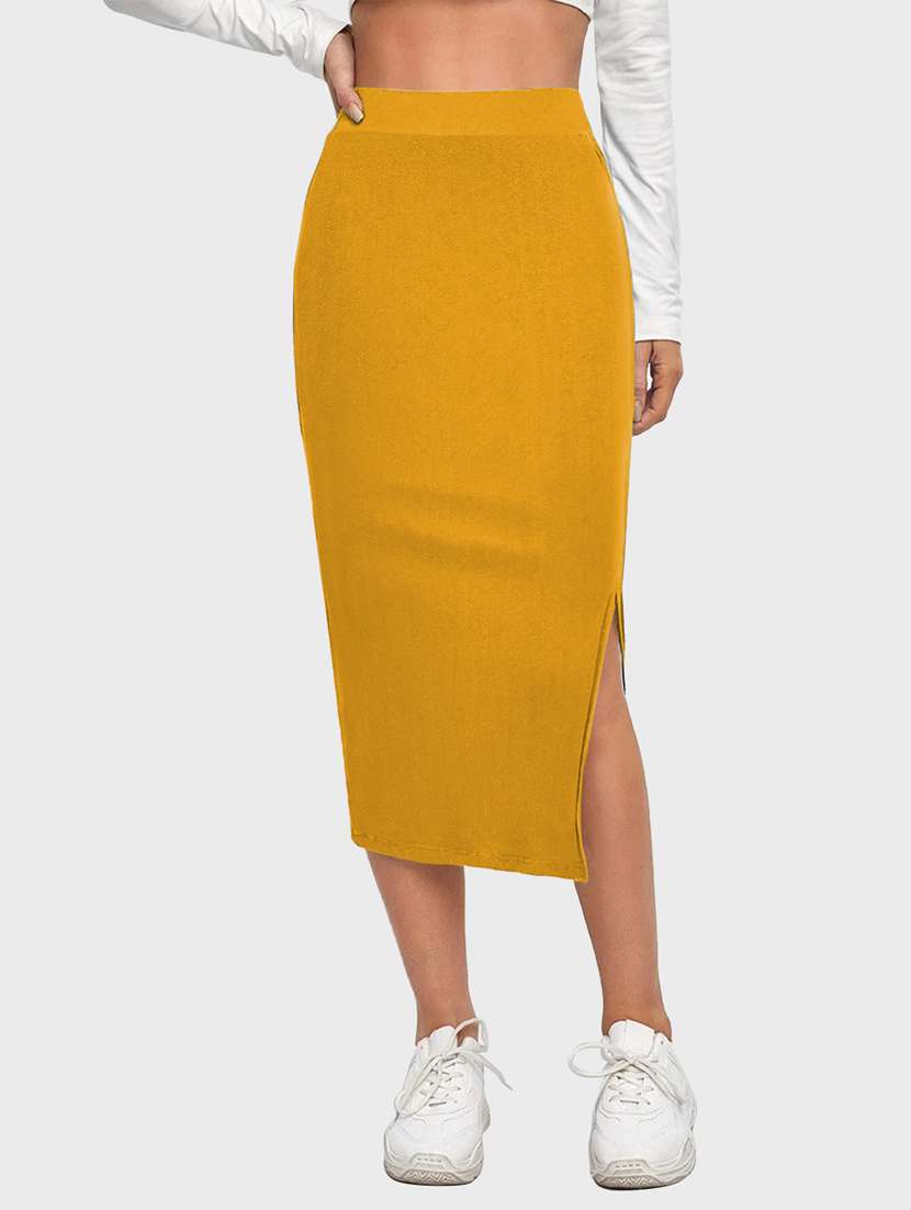 yellow solid side slit skirt