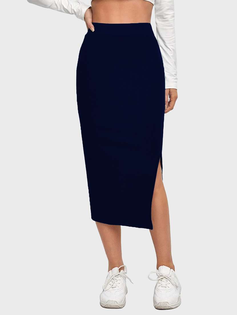 navy blue solid side slit skirt