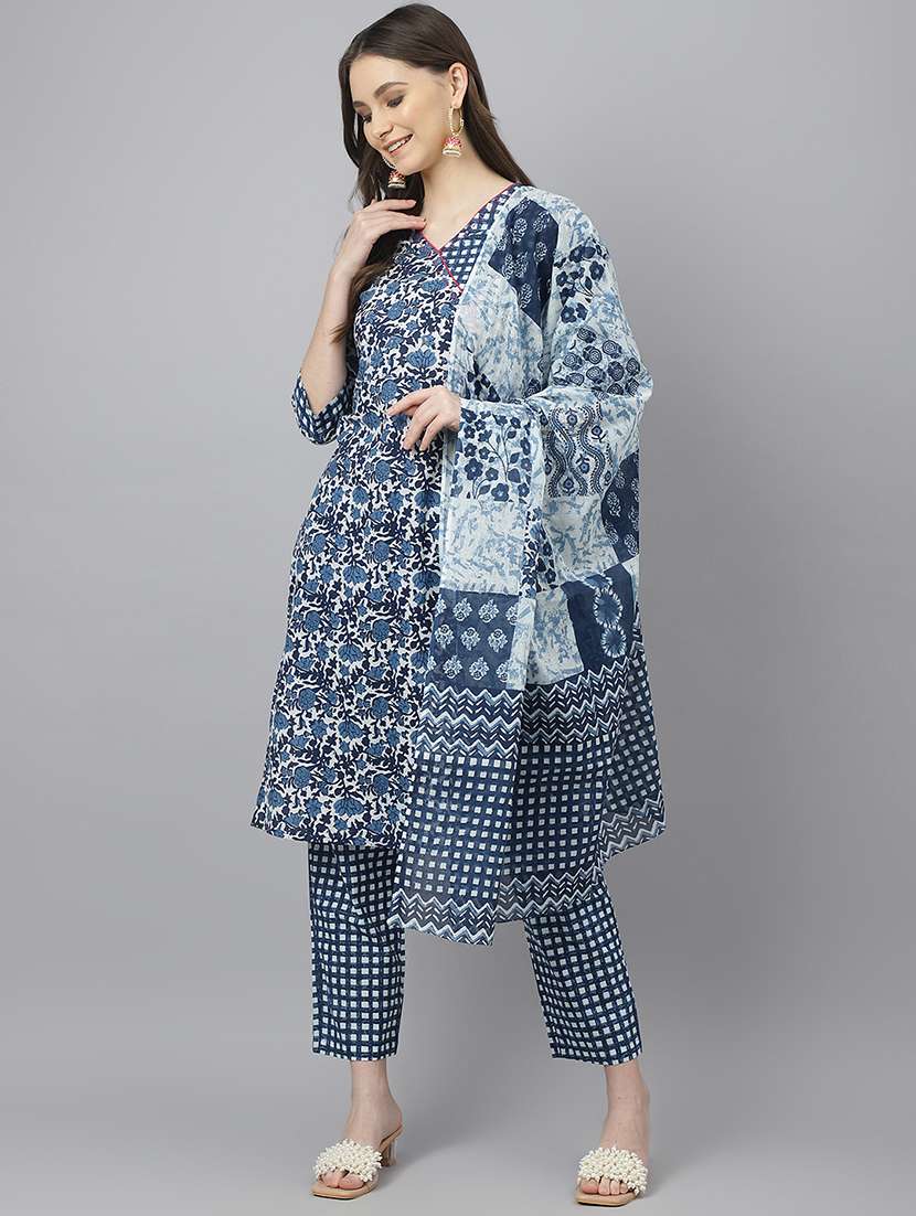 blue printed kurta, pant & dupatta set