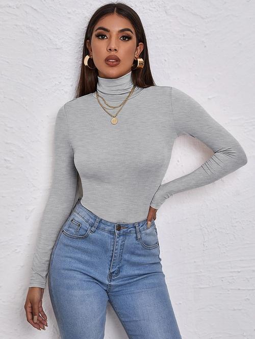 grey solid high neck long sleeves top - 19417347 - Standard Image - 0