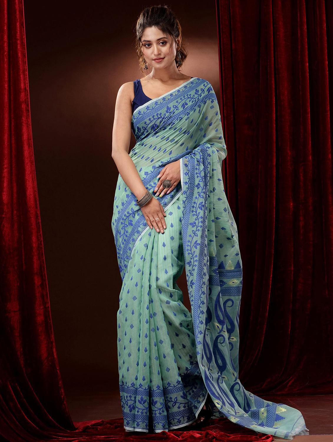 women's self design purist blue colored saree with blouse