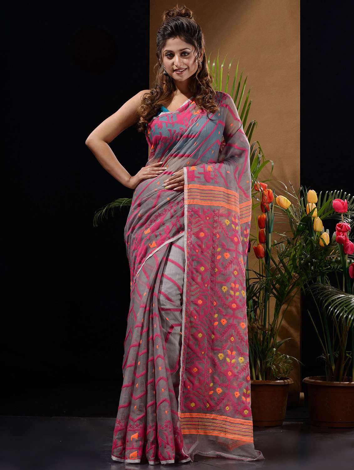 women's self design grey colored saree with blouse