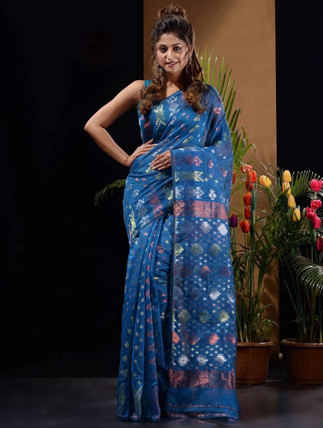 women's self design blue colored saree with blouse