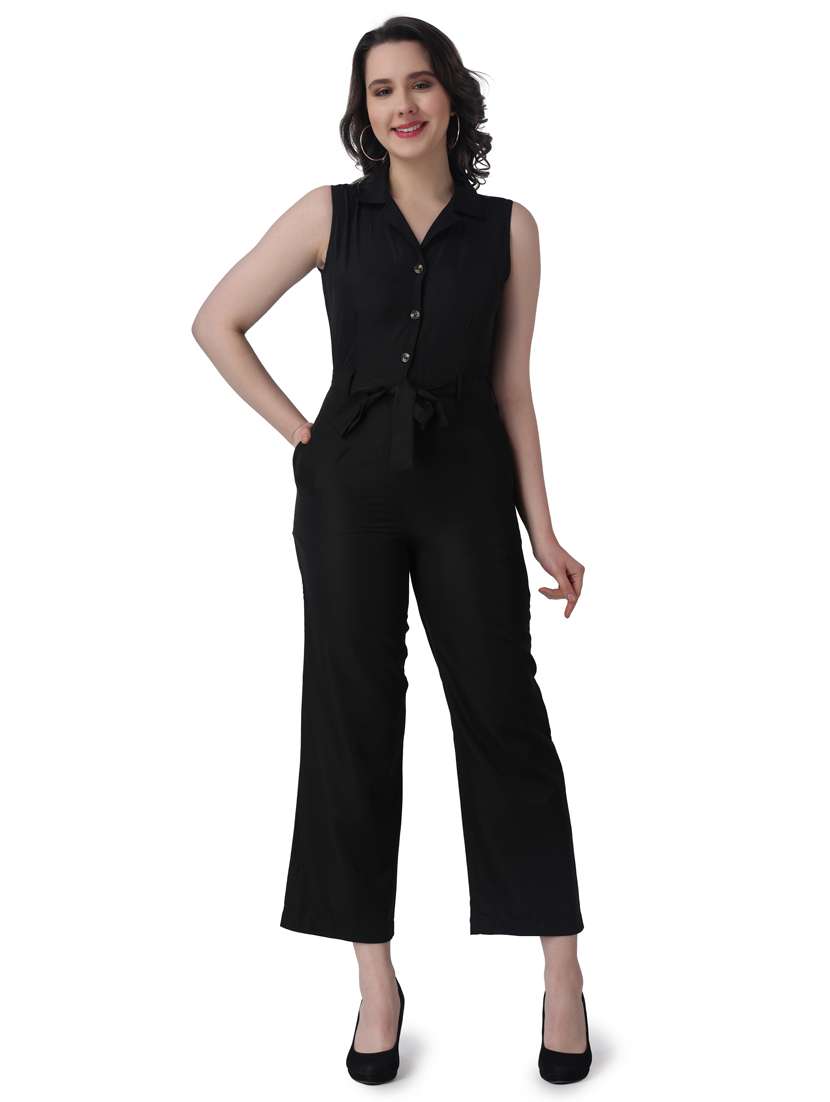 black solid lapel neck full leg jumpsuit