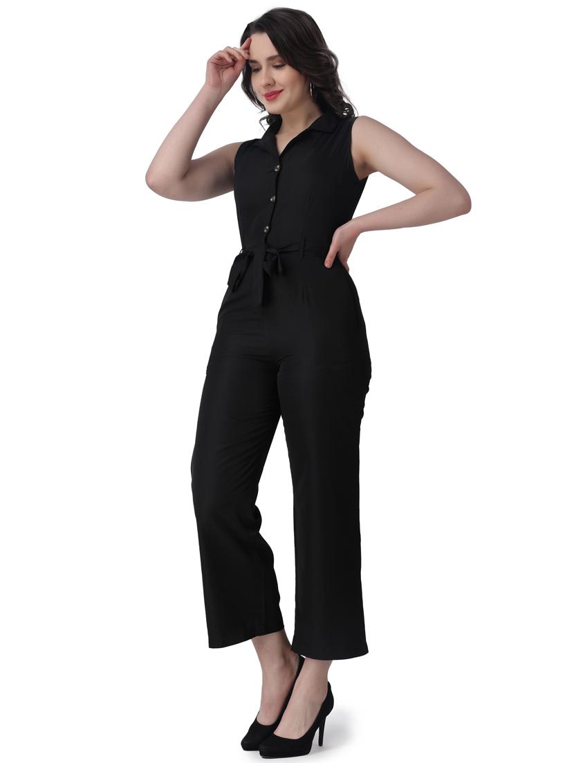 black solid lapel neck full leg jumpsuit - 19421990 - Standard Image - 2