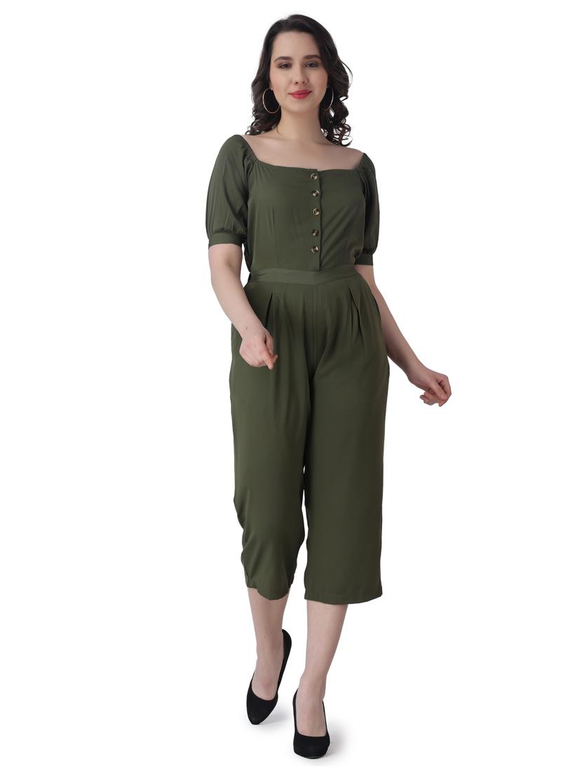 green solid 3/4 jumpsuit - 19421992 -  Zoom Image - 0