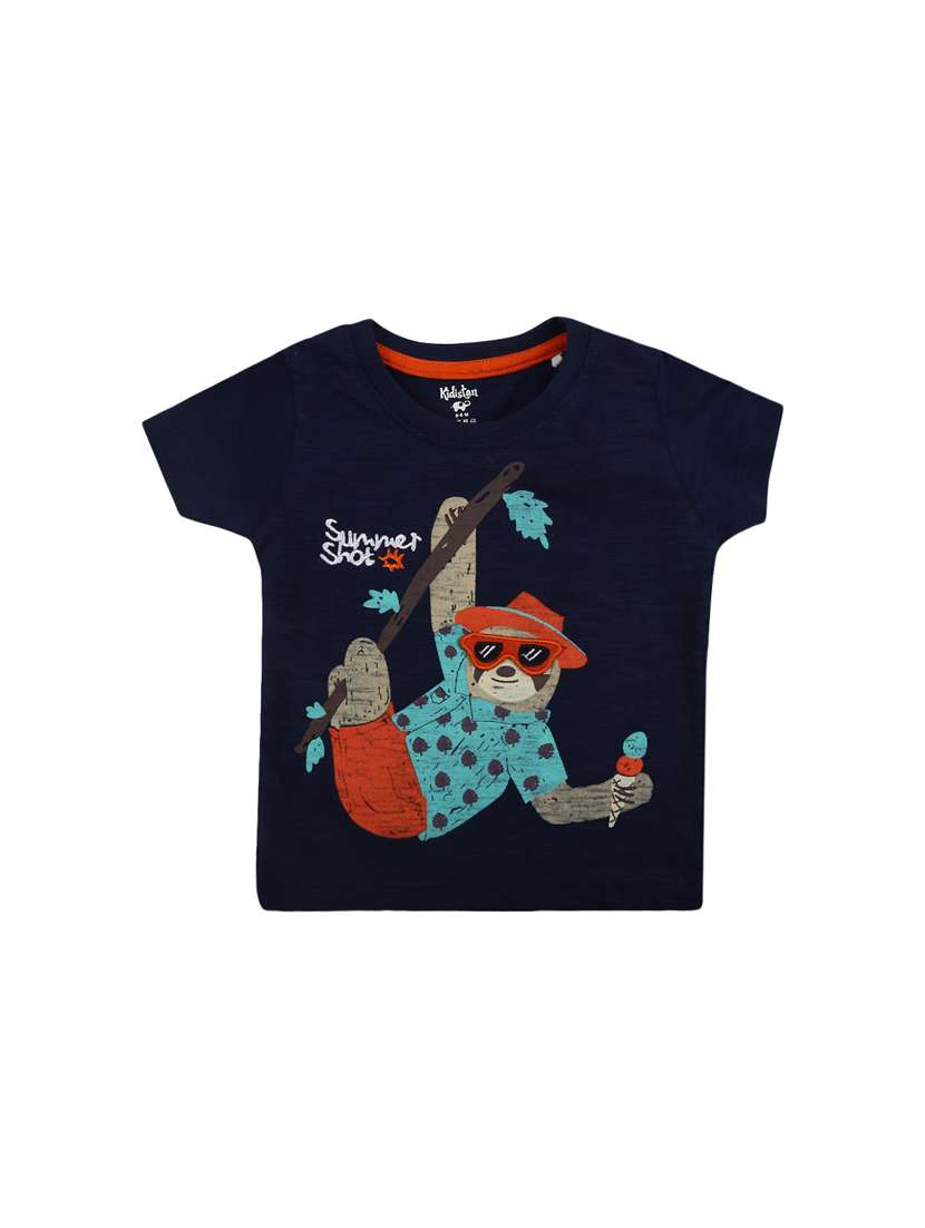 blue printed round neck t-shirt