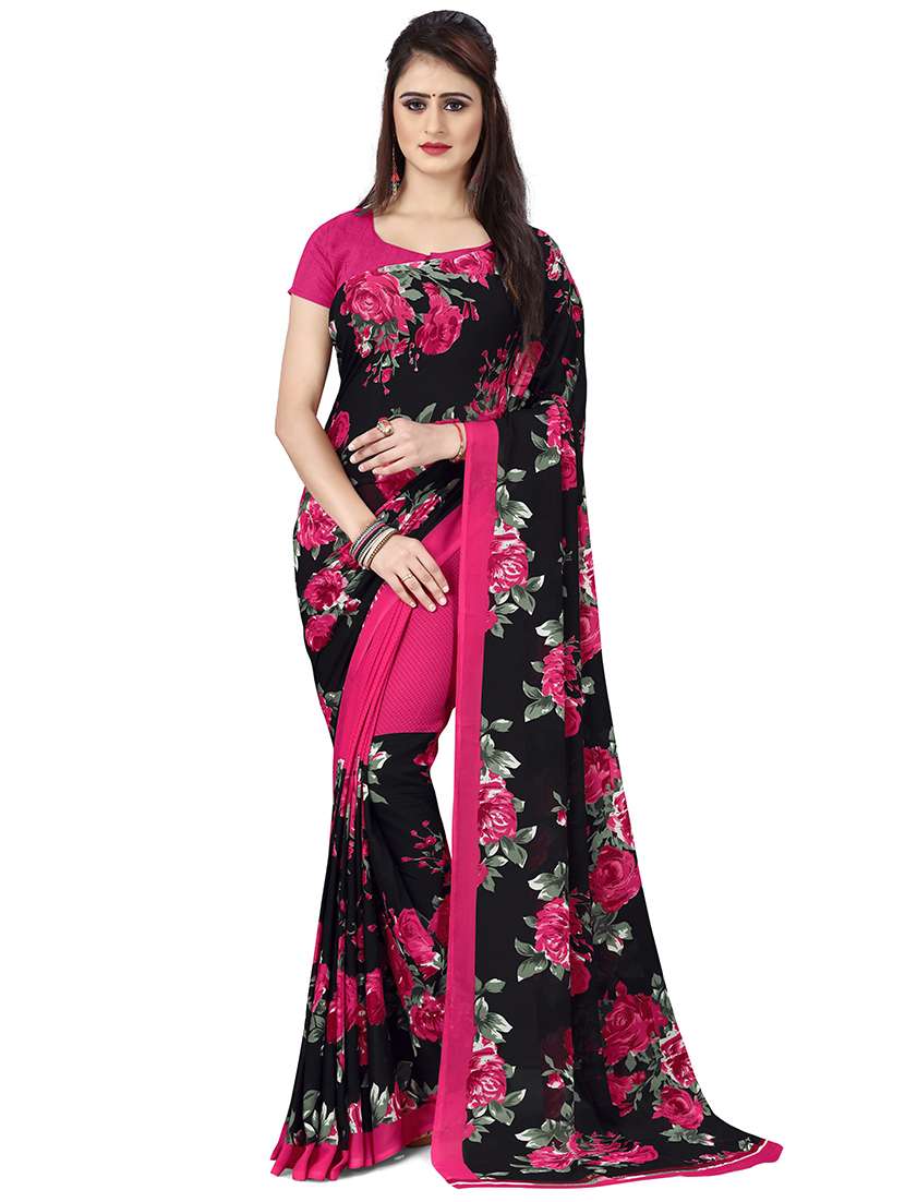 women's floral black colored saree with blouse