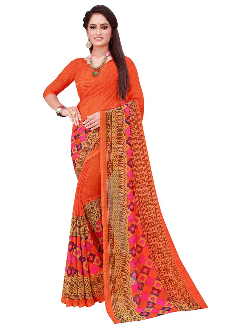 women's printed orange colored saree with blouse - 19427310 - Zoom Image - 0