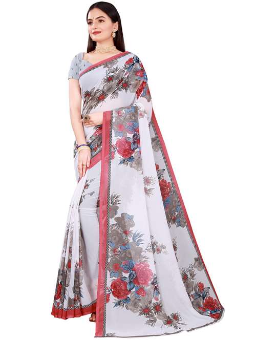 Women's Floral Optic White Colored Saree With Blouse