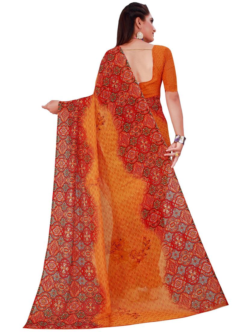 orange printed saree with blouse - 19429912 - Standard Image - 2