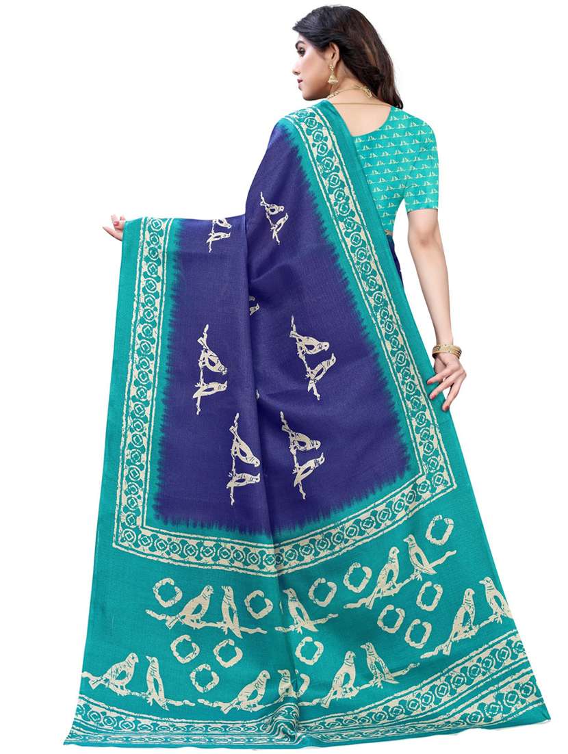 dark blue printed plain saree with blouse - 19430129 - Standard Image - 2