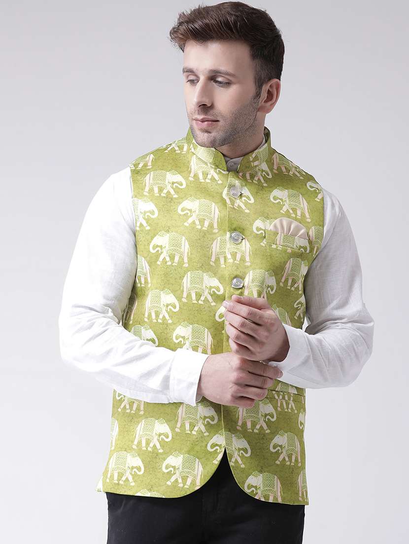 green printed nehru jacket
