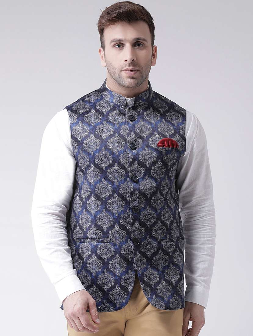 blue printed nehru jacket
