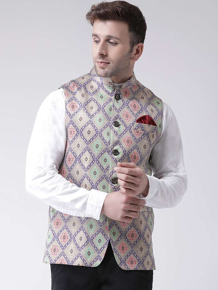grey printed nehru jacket