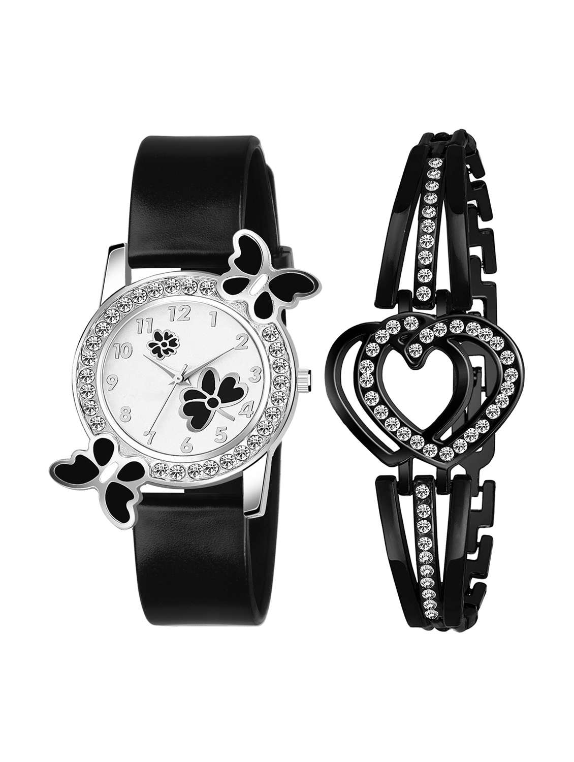 black leatherette watch & bracelet combo